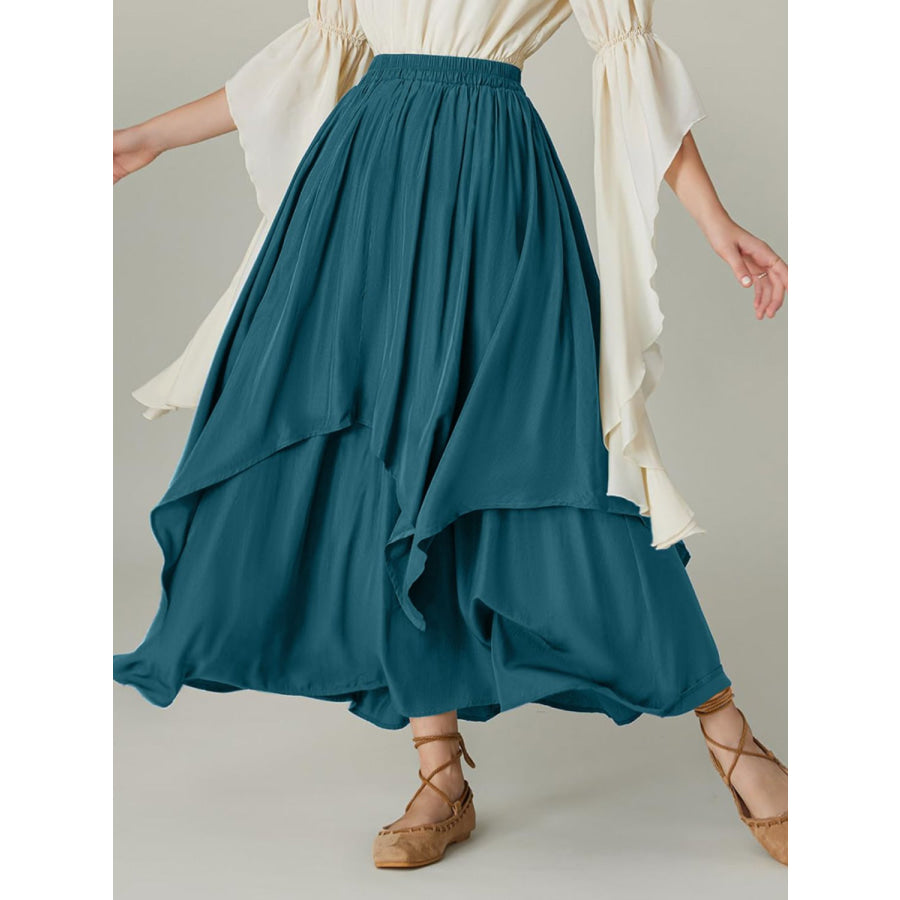 Smocked Waist Band Ruched Layered Skirt Apparel and Accessories