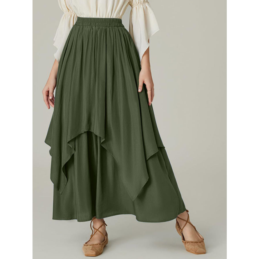 Smocked Waist Band Ruched Layered Skirt Army Green / S Apparel and Accessories