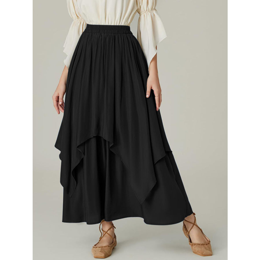 Smocked Waist Band Ruched Layered Skirt Black / S Apparel and Accessories