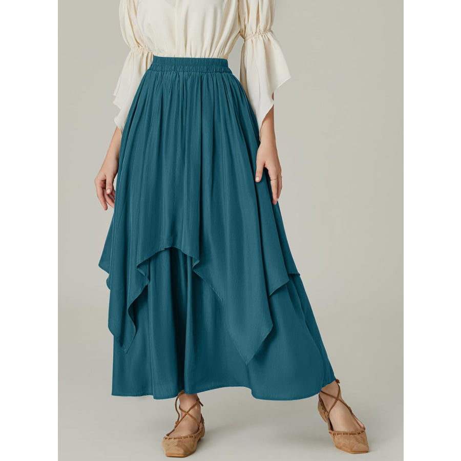 Smocked Waist Band Ruched Layered Skirt Deep Teal / S Apparel and Accessories