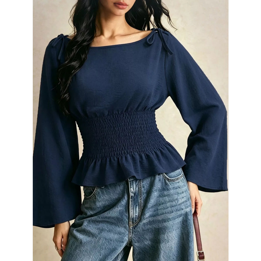 Smocked Waist Flare Sleeve Blouse Apparel and Accessories