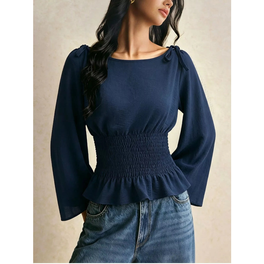 Smocked Waist Flare Sleeve Blouse Apparel and Accessories