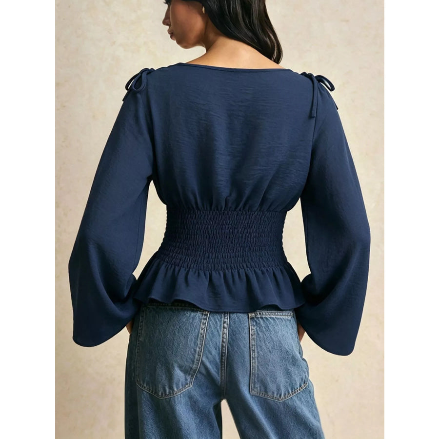 Smocked Waist Flare Sleeve Blouse Apparel and Accessories