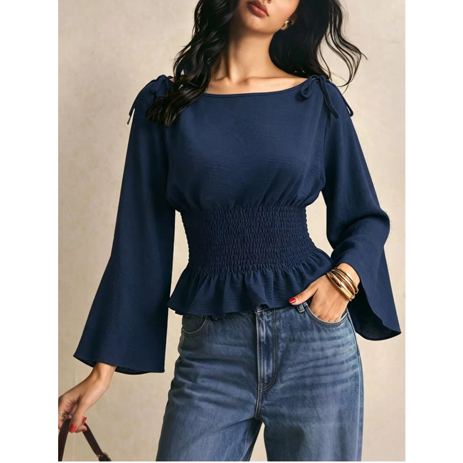 Smocked Waist Flare Sleeve Blouse Dark Blue / S Apparel and Accessories