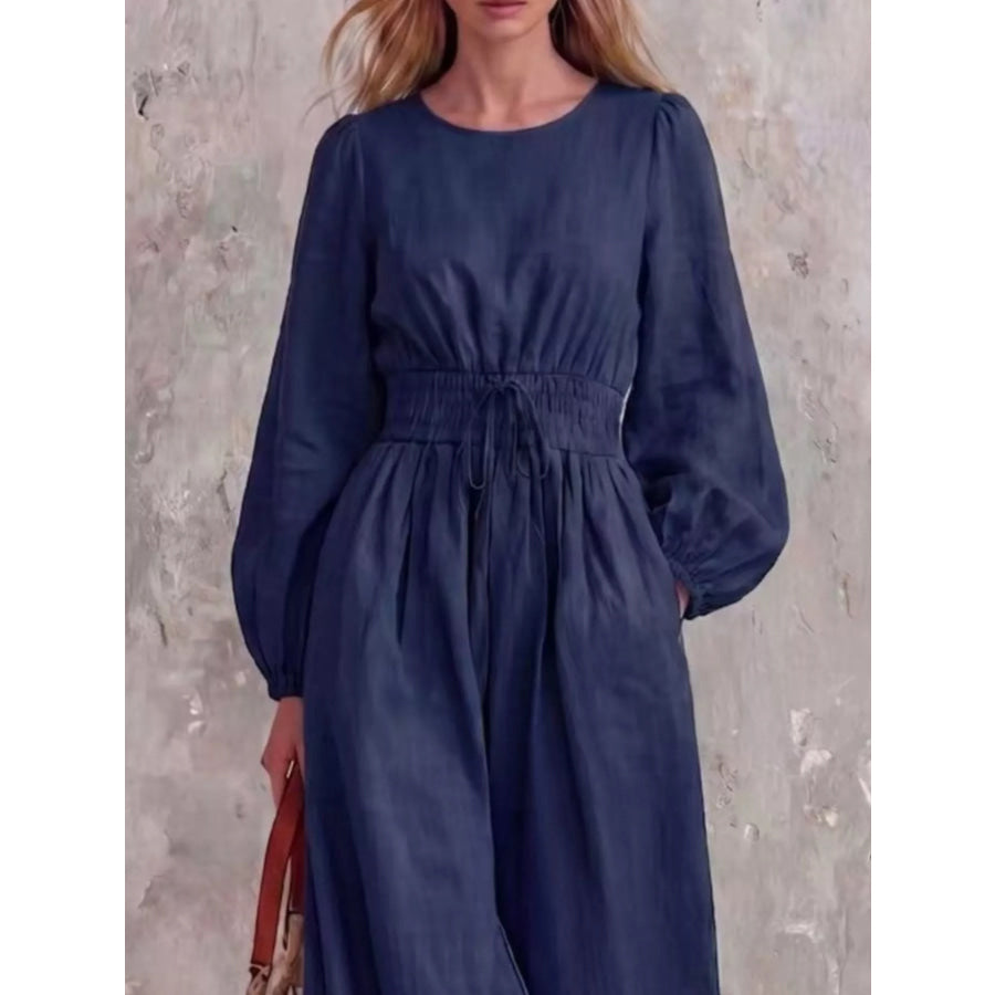 Smocked Waist Long-Sleeve Jumpsuit Dark Blue / S Apparel and Accessories