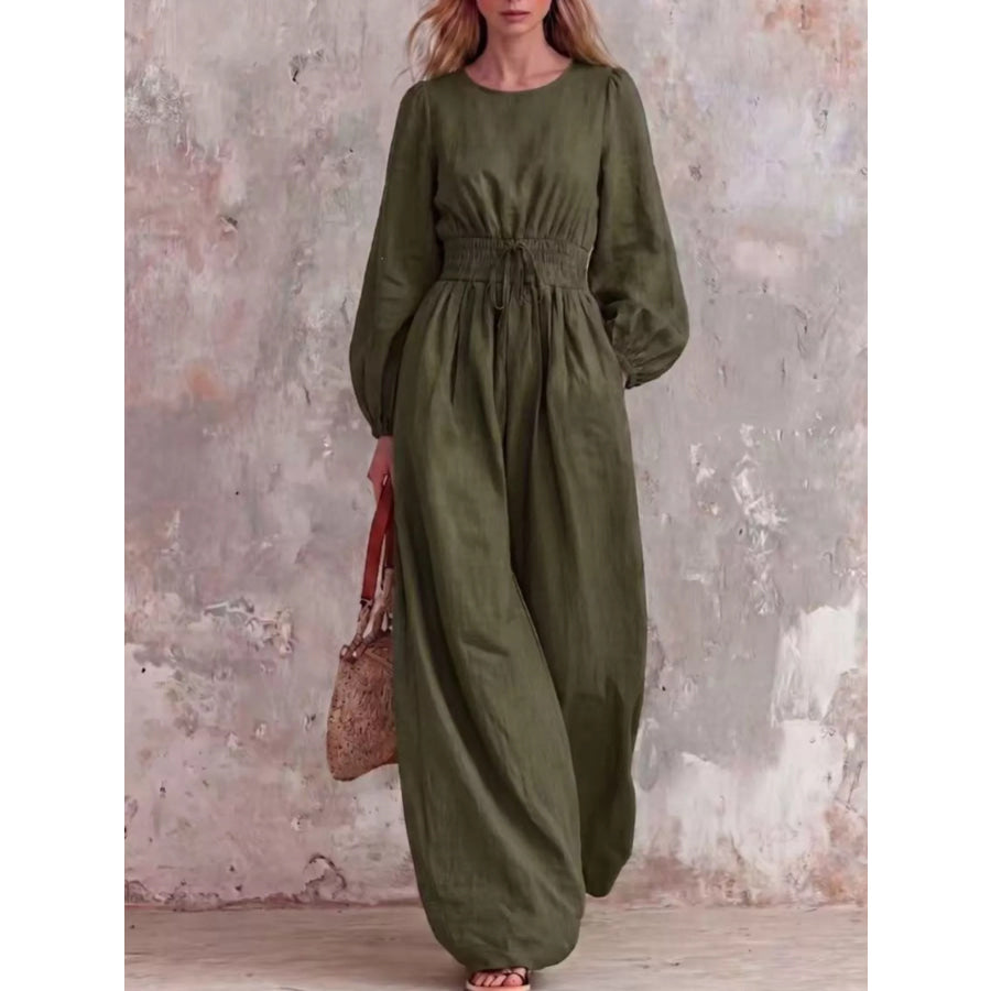 Smocked Waist Long-Sleeve Jumpsuit Army Green / S Apparel and Accessories