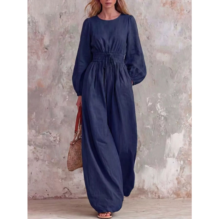Smocked Waist Long-Sleeve Jumpsuit Dark Blue / S Apparel and Accessories