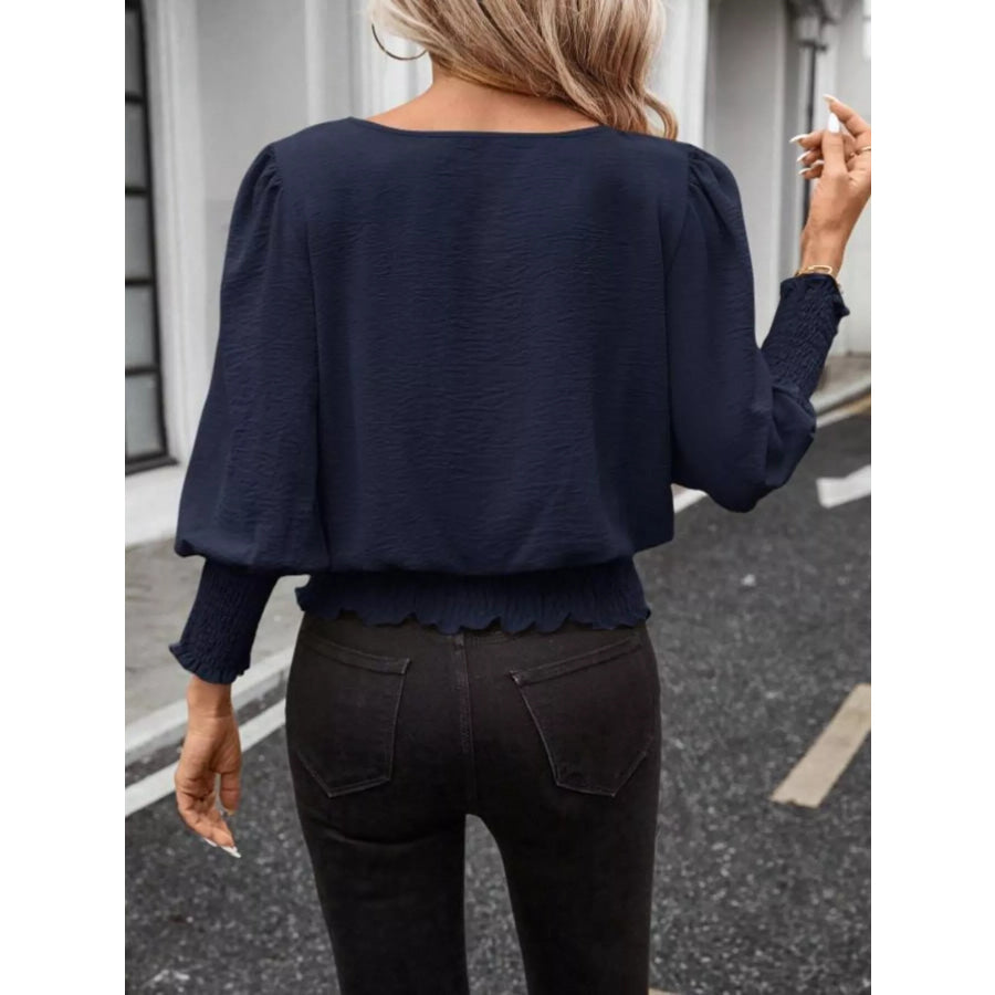 Smocked Waist Round Neck Blouse Apparel and Accessories
