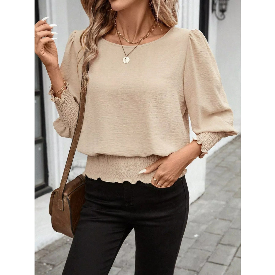 Smocked Waist Round Neck Blouse Apparel and Accessories
