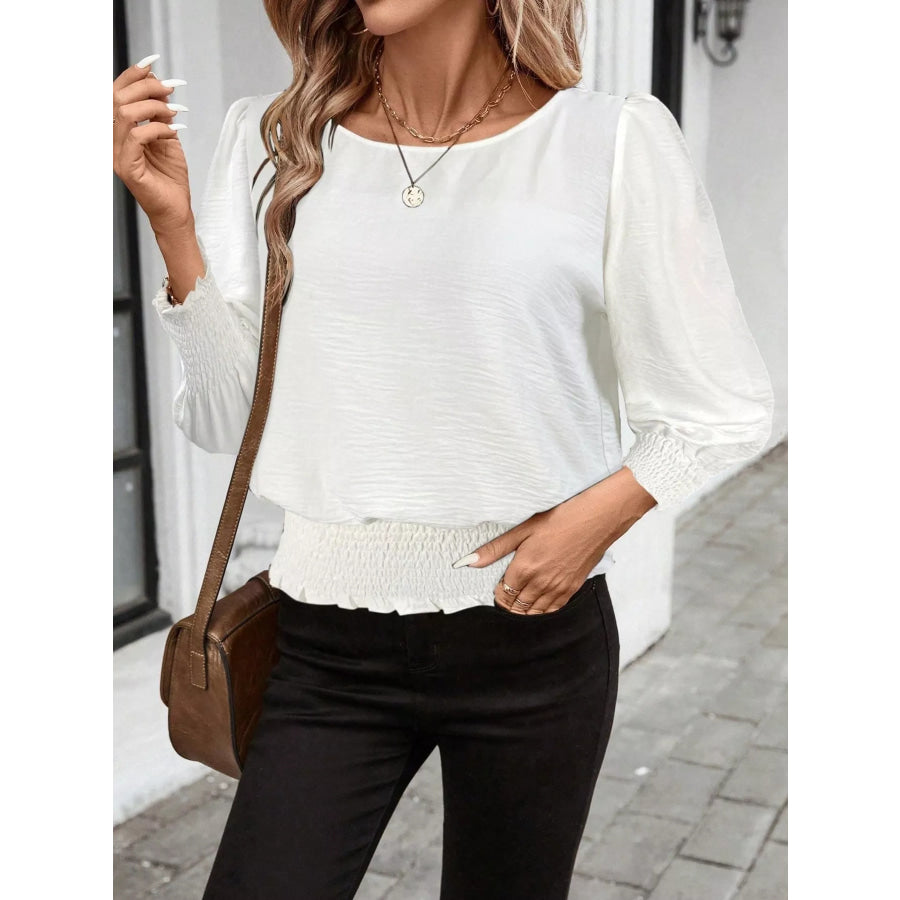 Smocked Waist Round Neck Blouse Apparel and Accessories