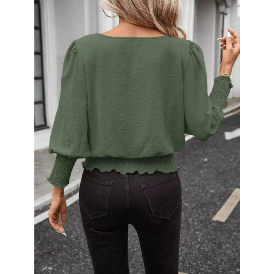 Smocked Waist Round Neck Blouse Apparel and Accessories