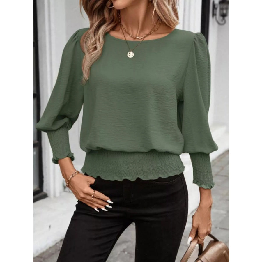 Smocked Waist Round Neck Blouse Apparel and Accessories