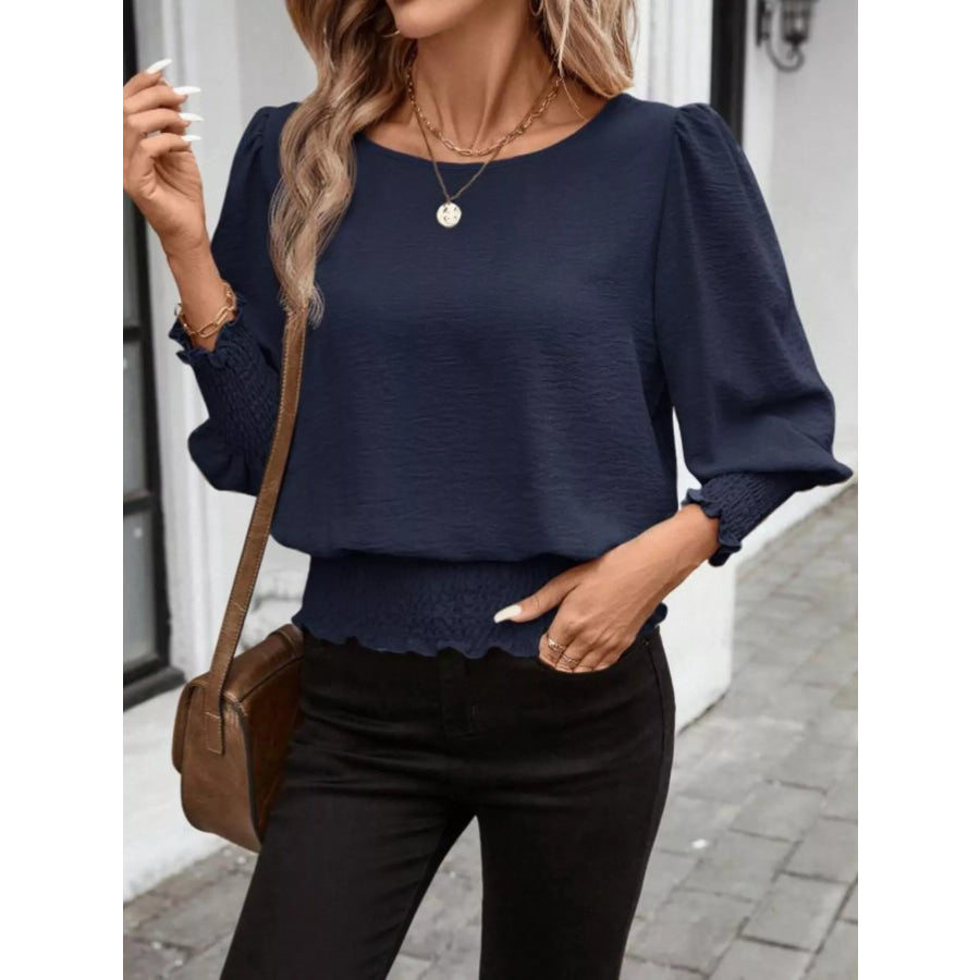 Smocked Waist Round Neck Blouse Apparel and Accessories