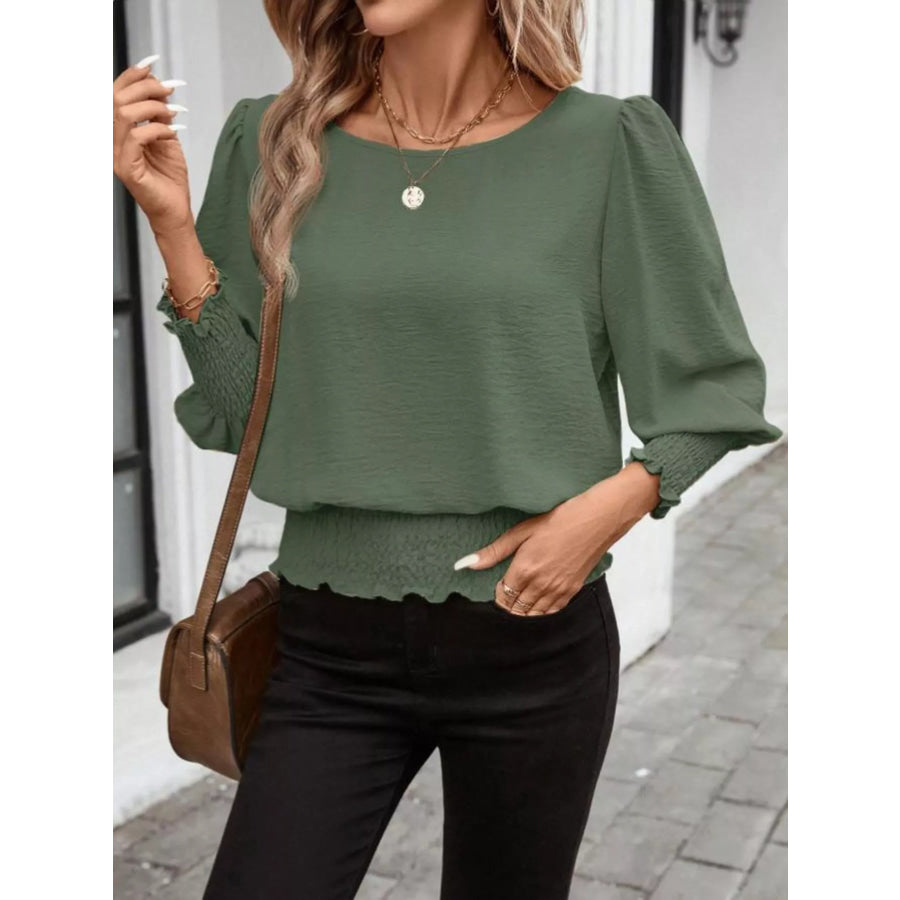 Smocked Waist Round Neck Blouse Green / S Apparel and Accessories