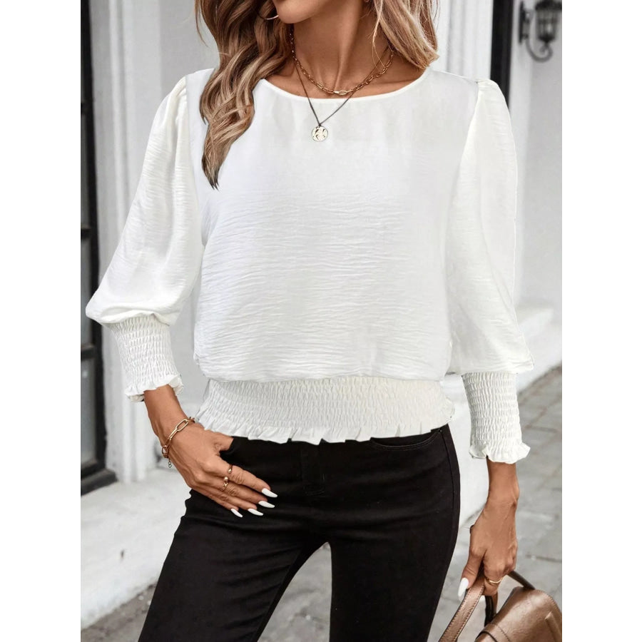 Smocked Waist Round Neck Blouse White / S Apparel and Accessories