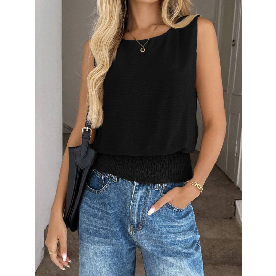 Smocked Waist Round Neck Tank Black / S Apparel and Accessories