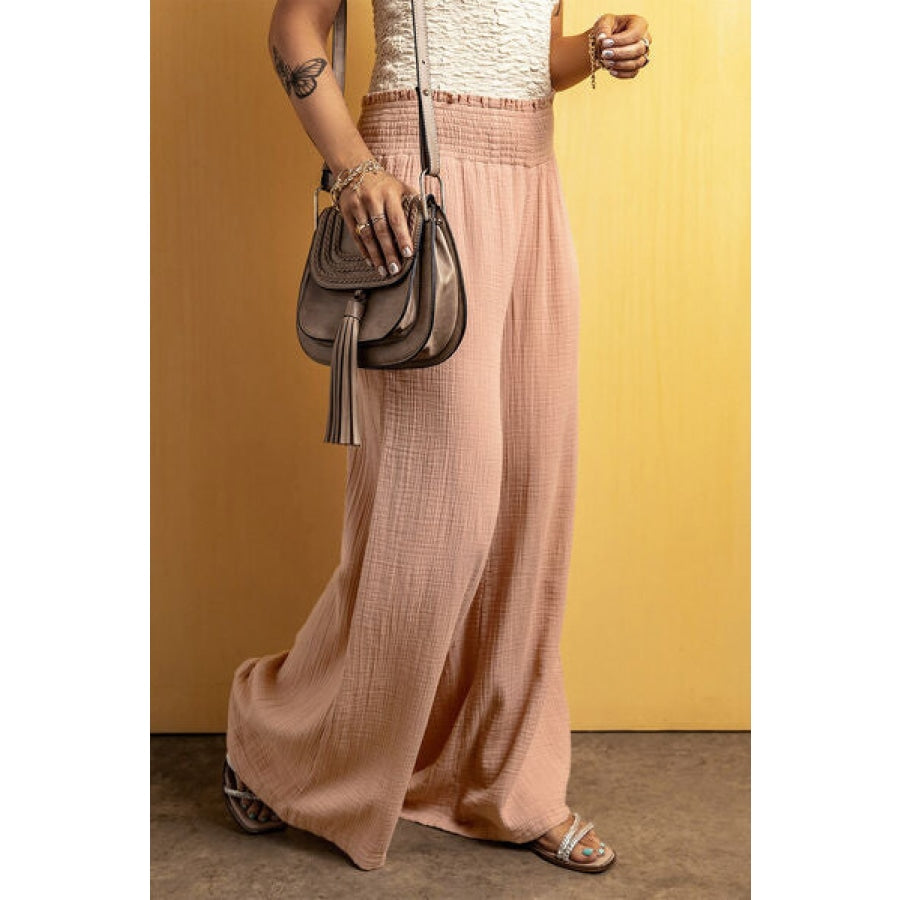 Smocked Waist Texture Wide Leg Pants Clothing