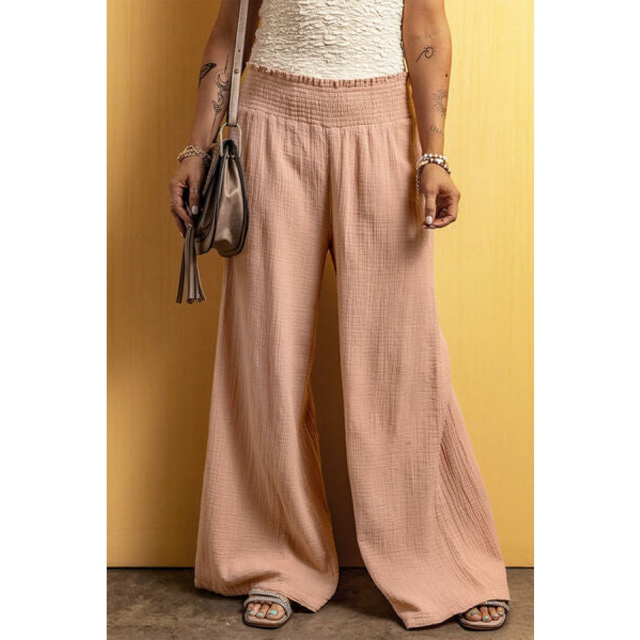 Smocked Waist Texture Wide Leg Pants Dust Storm / S Clothing