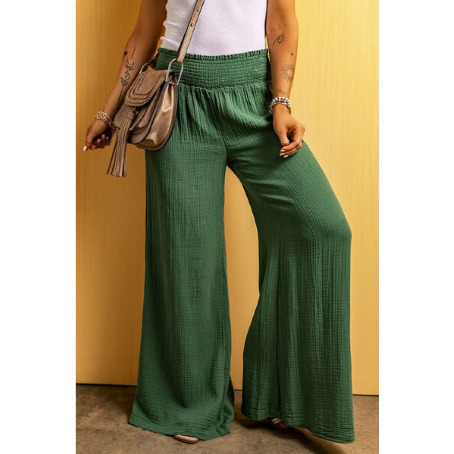 Smocked Waist Texture Wide Leg Pants Green / S Clothing