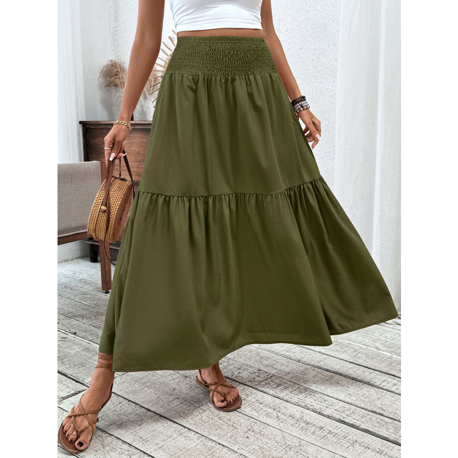 Smocked Waist Tiered Skirt Army Green / S Apparel and Accessories