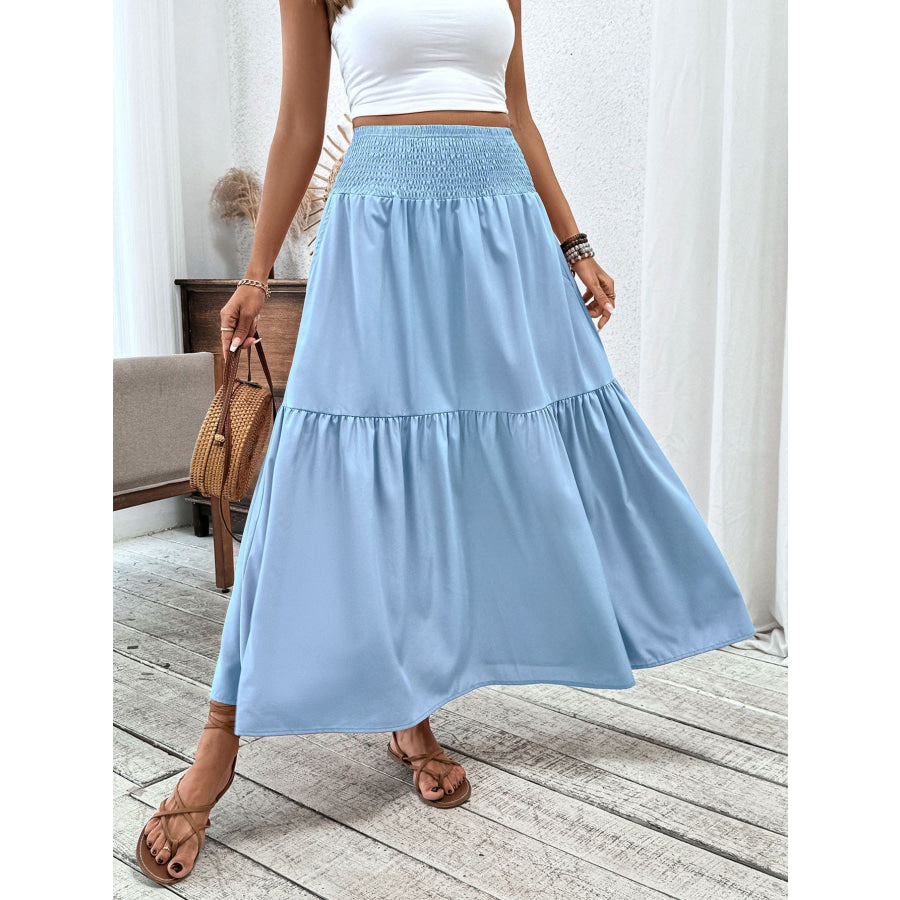 Smocked Waist Tiered Skirt Light Blue / S Apparel and Accessories
