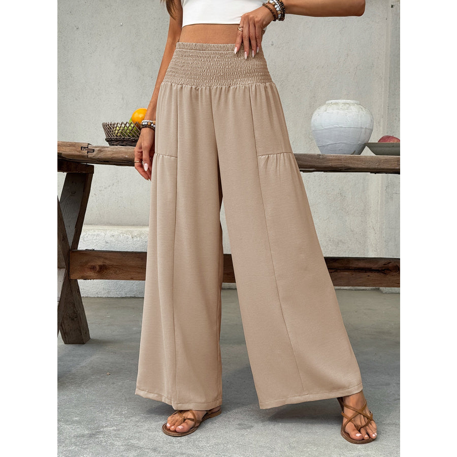 Smocked Waist Wide Leg Pants Khaki / S Apparel and Accessories