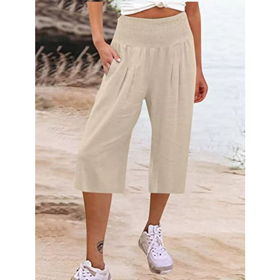 Smocked Wide-Leg Capri Pants Apricot / S Apparel and Accessories