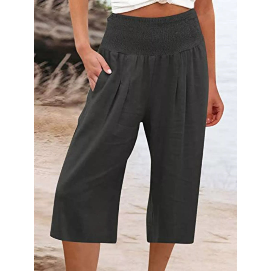 Smocked Wide-Leg Capri Pants Black / S Apparel and Accessories