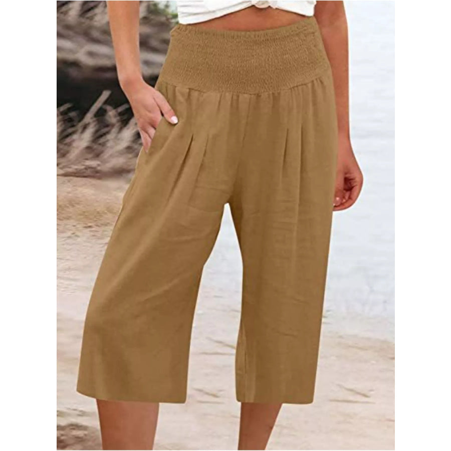 Smocked Wide-Leg Capri Pants Brown / S Apparel and Accessories