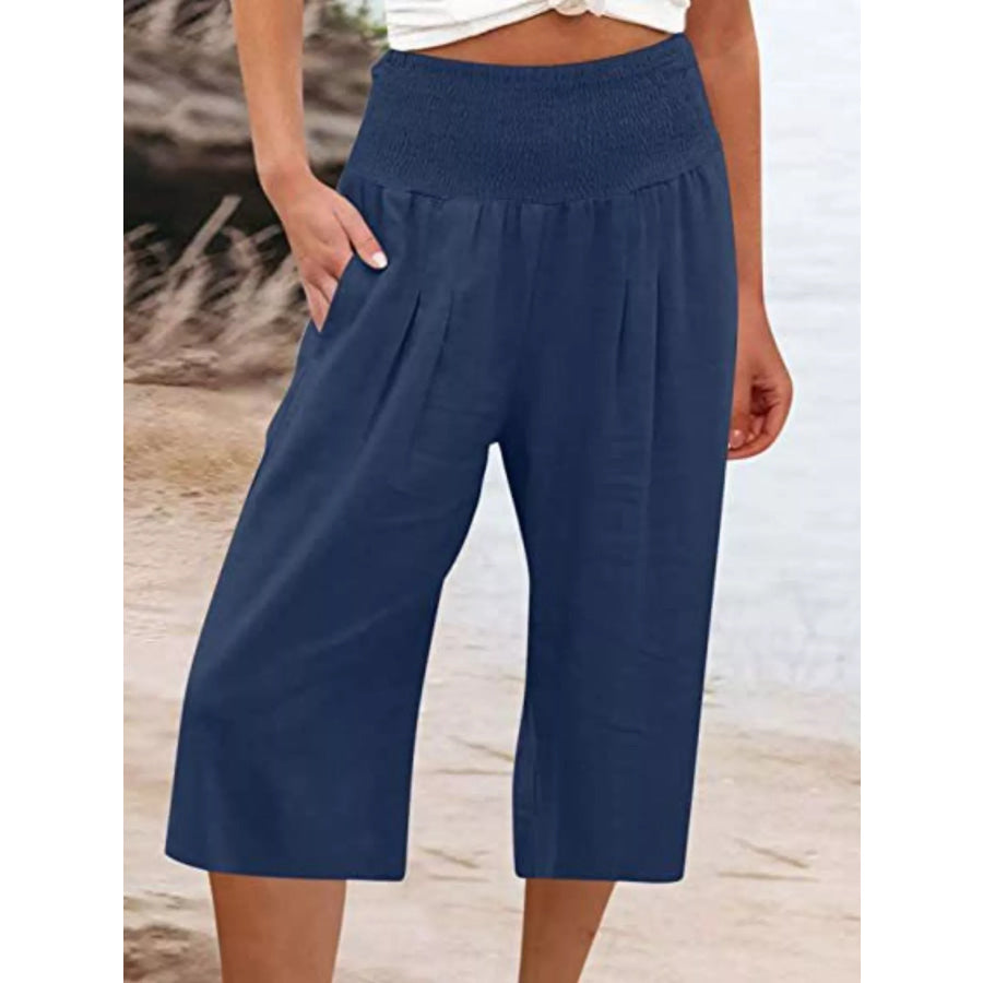 Smocked Wide-Leg Capri Pants Dark Blue / S Apparel and Accessories