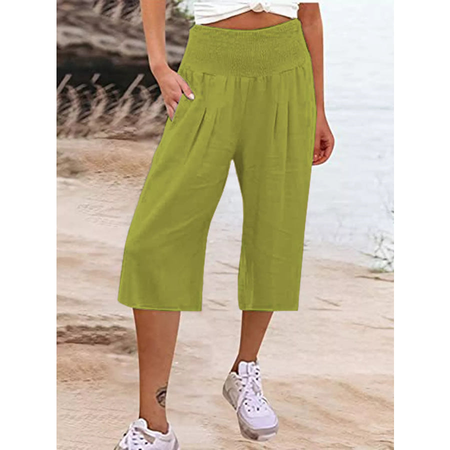 Smocked Wide-Leg Capri Pants Fluorescent Green / S Apparel and Accessories