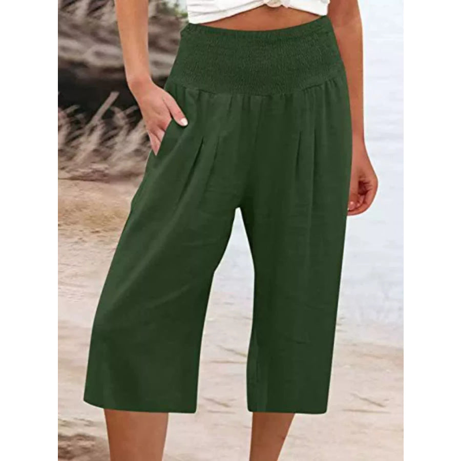 Smocked Wide-Leg Capri Pants Green / S Apparel and Accessories