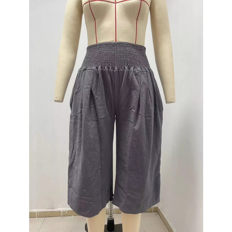 Smocked Wide-Leg Capri Pants Grey / S Apparel and Accessories
