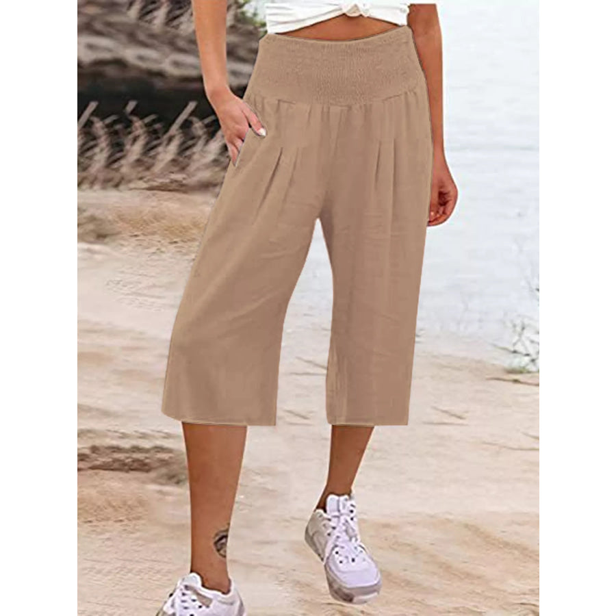 Smocked Wide-Leg Capri Pants Khaki / S Apparel and Accessories