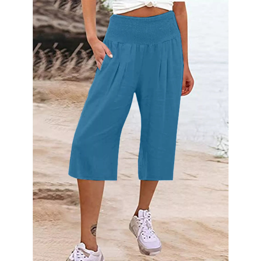 Smocked Wide-Leg Capri Pants Peacock Blue / S Apparel and Accessories