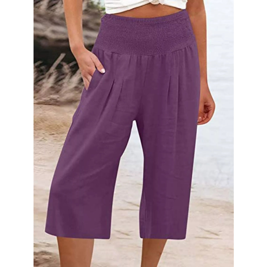 Smocked Wide-Leg Capri Pants Purple / S Apparel and Accessories