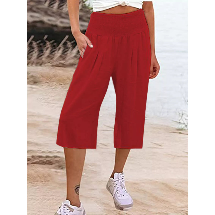 Smocked Wide-Leg Capri Pants Watermelon Red / S Apparel and Accessories