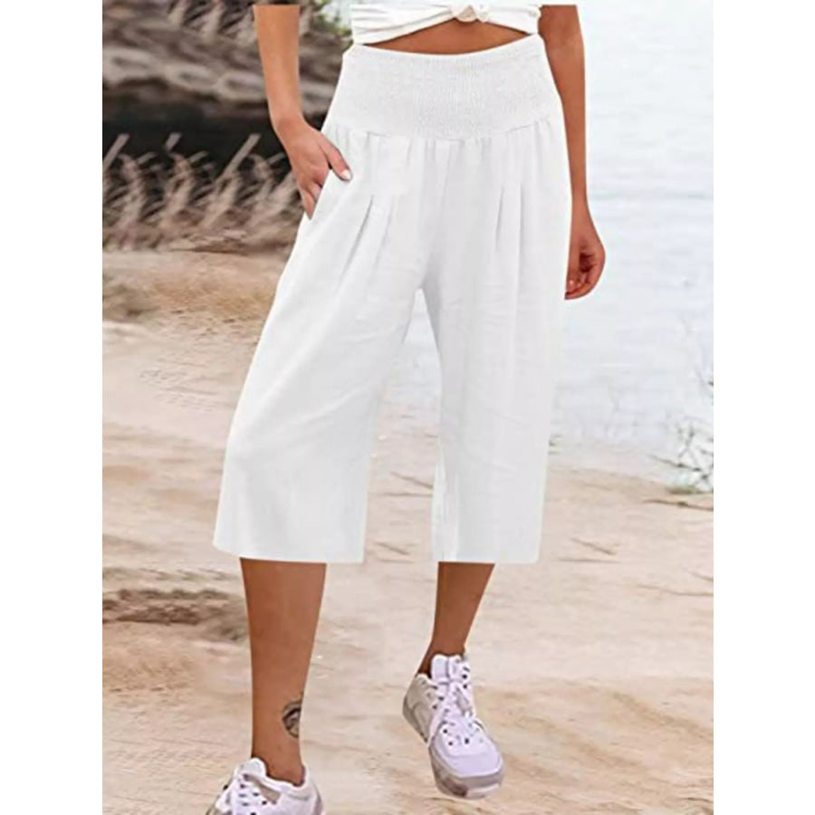 Smocked Wide-Leg Capri Pants White / S Apparel and Accessories