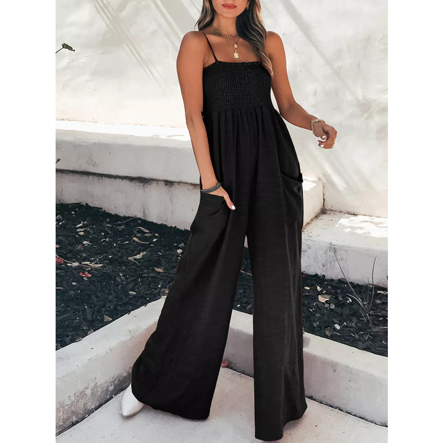 Smocked Wide Leg Jumpsuit Black / S Apparel and Accessories