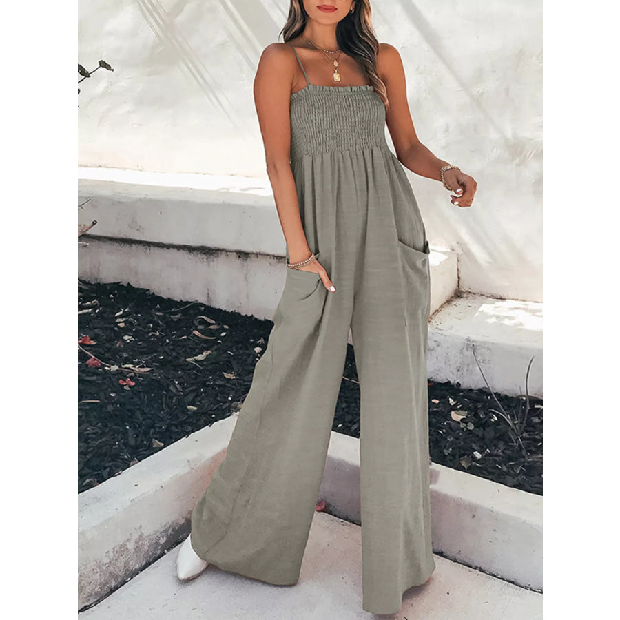 Smocked Wide Leg Jumpsuit Gray / S Apparel and Accessories