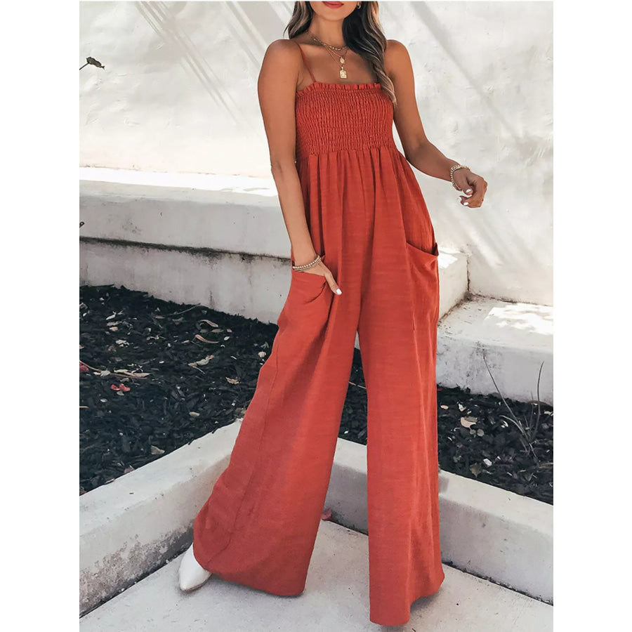 Smocked Wide Leg Jumpsuit Orange-Red / S Apparel and Accessories