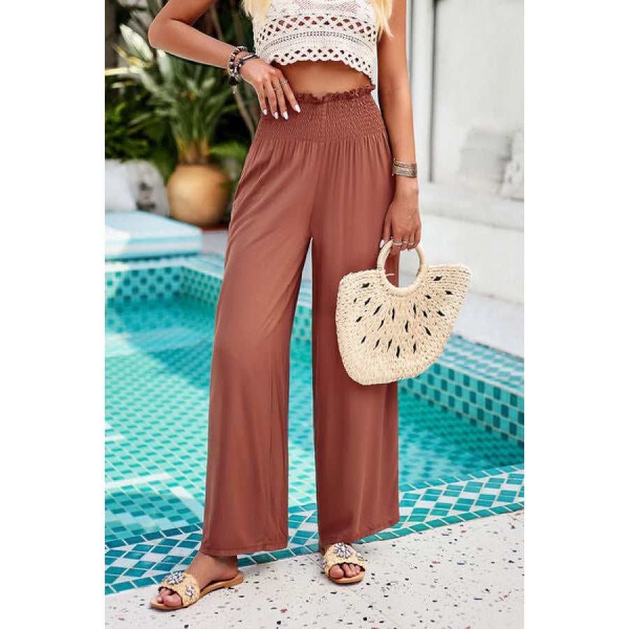 Smocked Wide Leg Pants with Pockets Chestnut / S Clothing