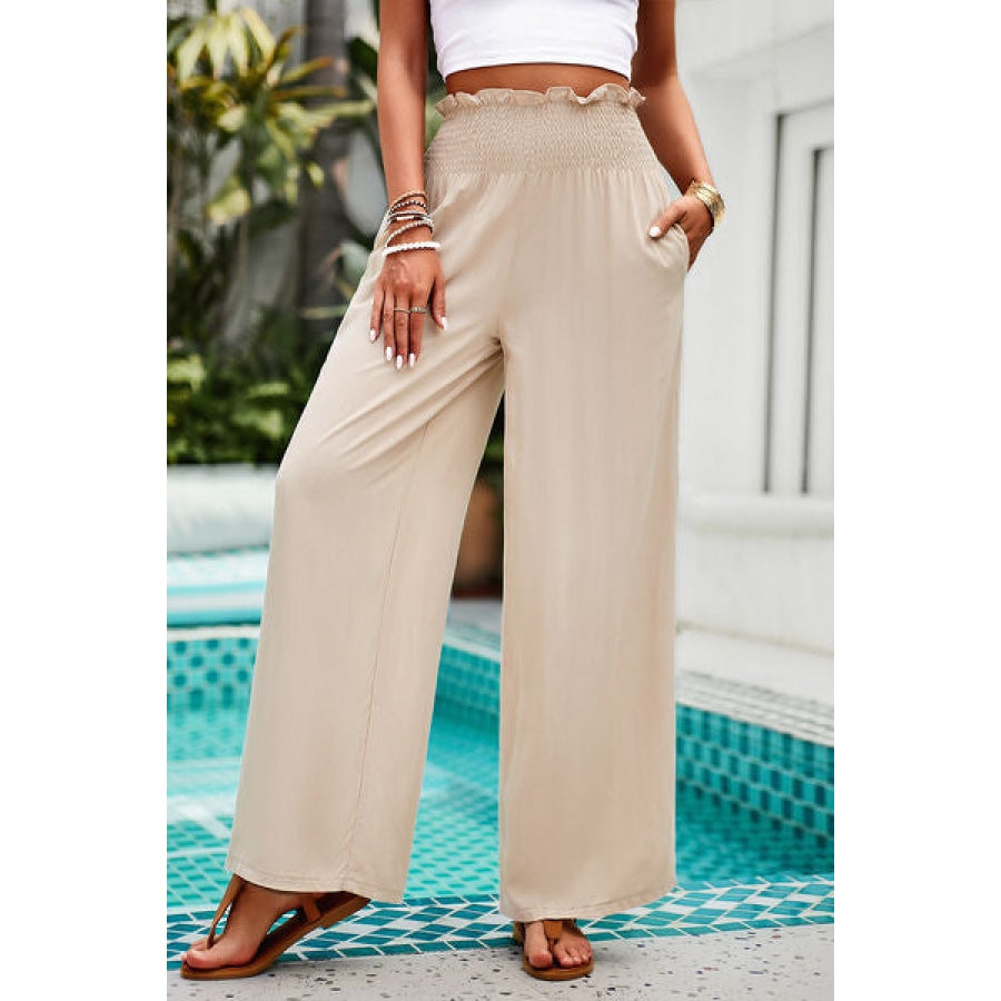 Smocked Wide Leg Pants with Pockets Clothing