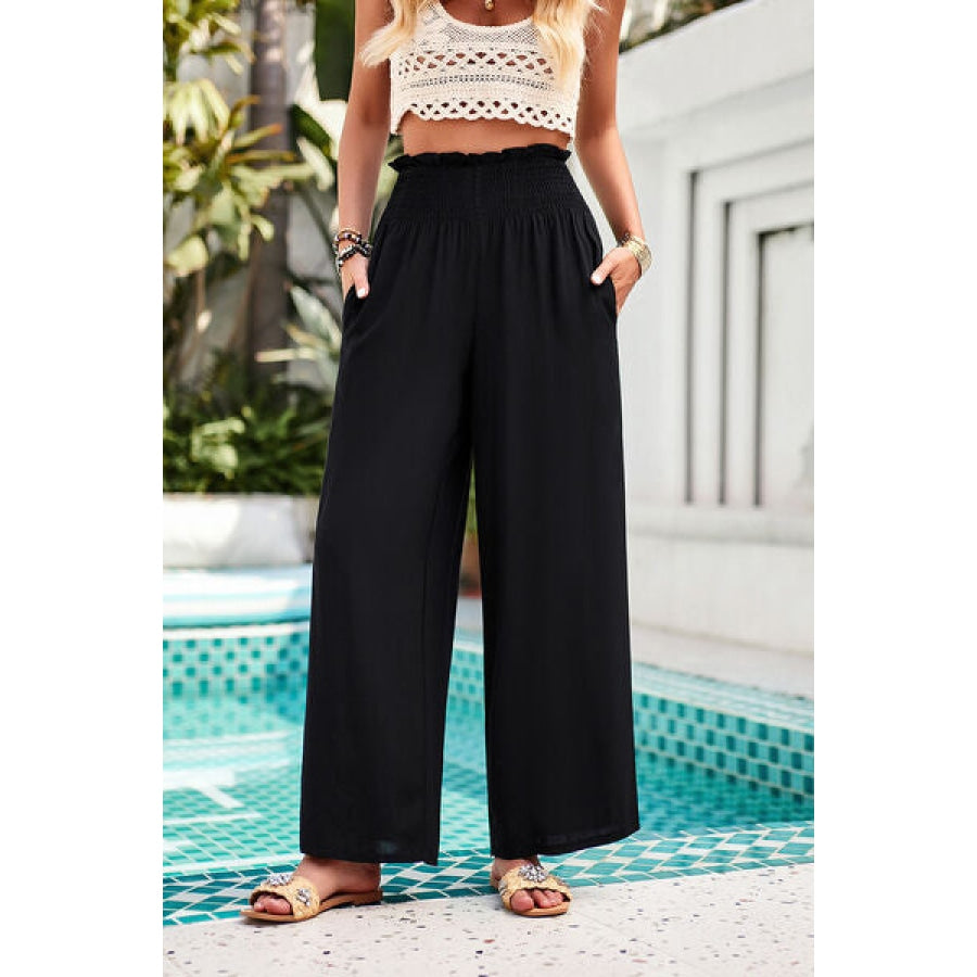 Smocked Wide Leg Pants with Pockets Clothing