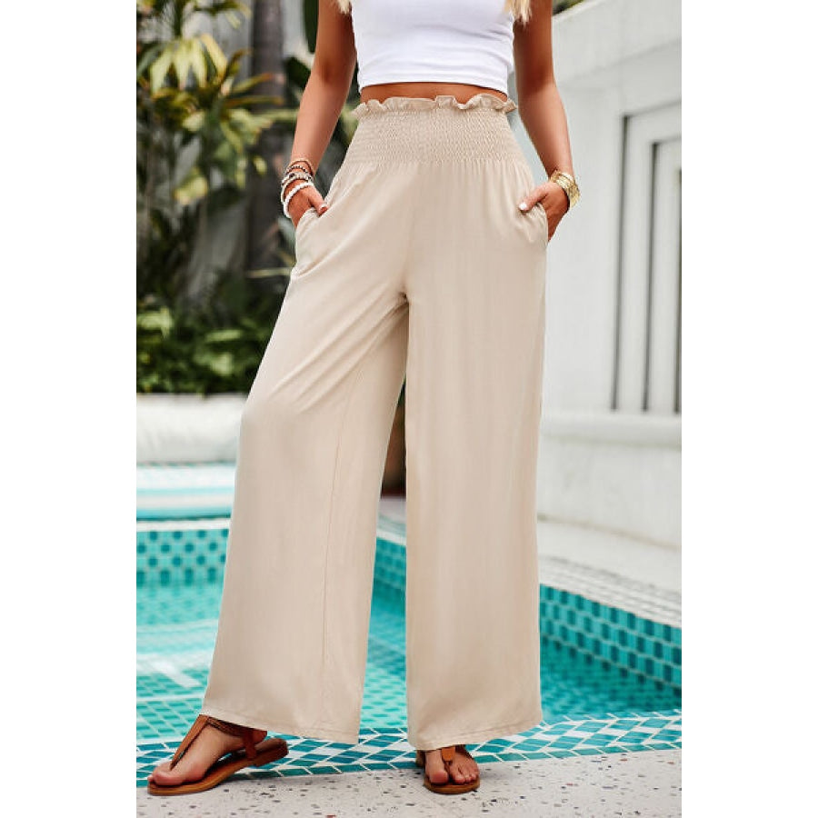 Smocked Wide Leg Pants with Pockets Clothing