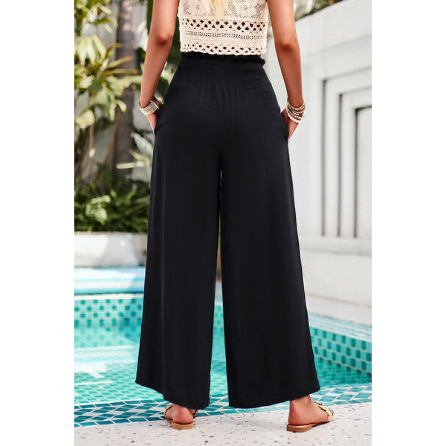 Smocked Wide Leg Pants with Pockets Clothing