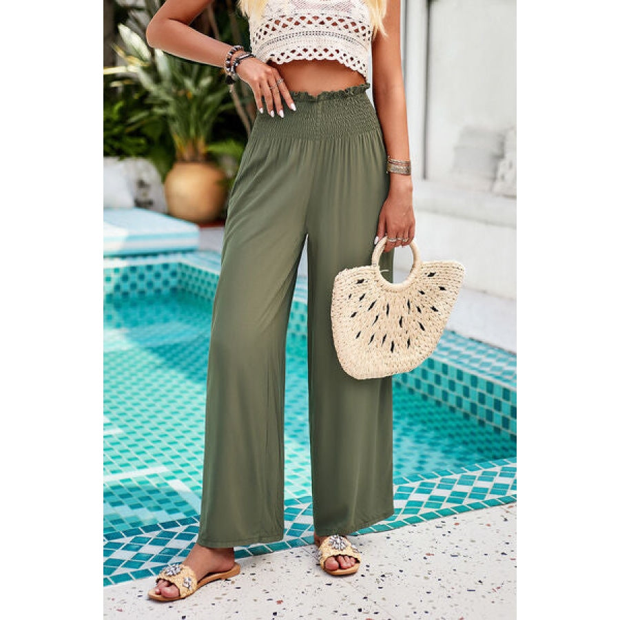 Smocked Wide Leg Pants with Pockets Clothing