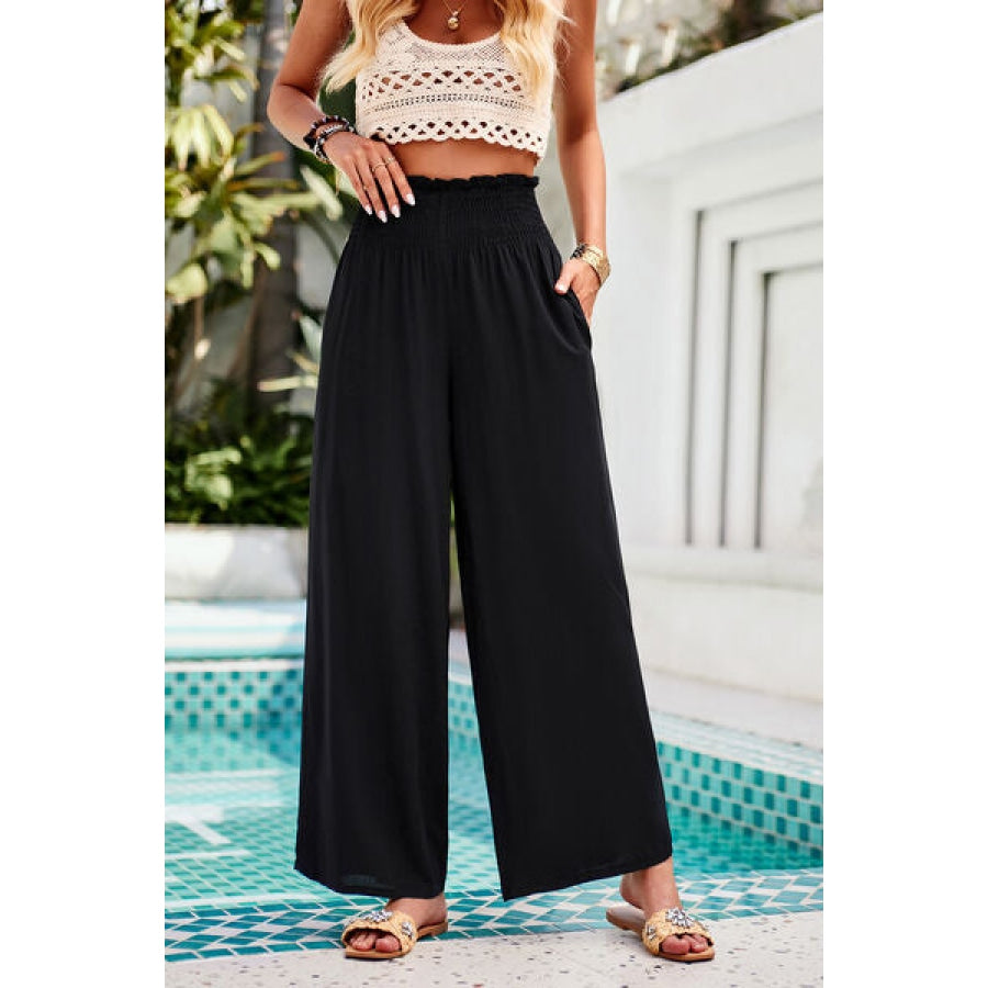 Smocked Wide Leg Pants with Pockets Clothing