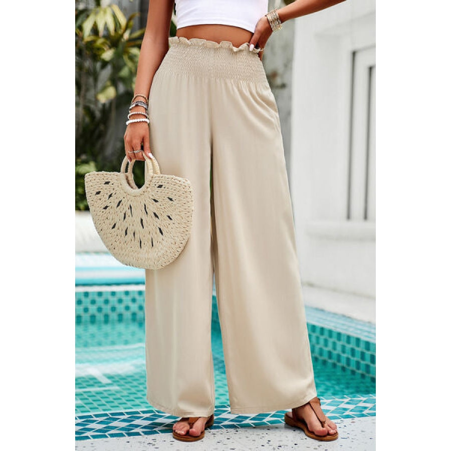 Smocked Wide Leg Pants with Pockets Sand / S Clothing