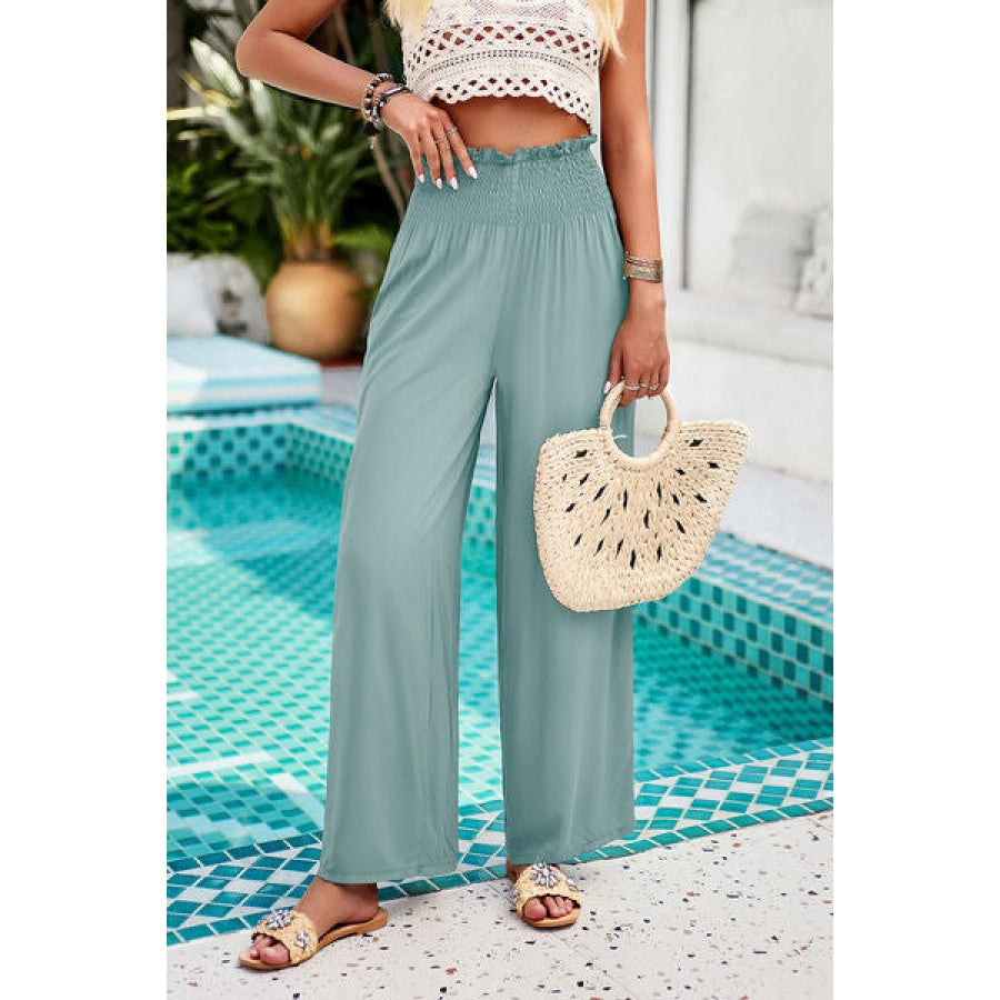 Smocked Wide Leg Pants with Pockets Teal / S Clothing